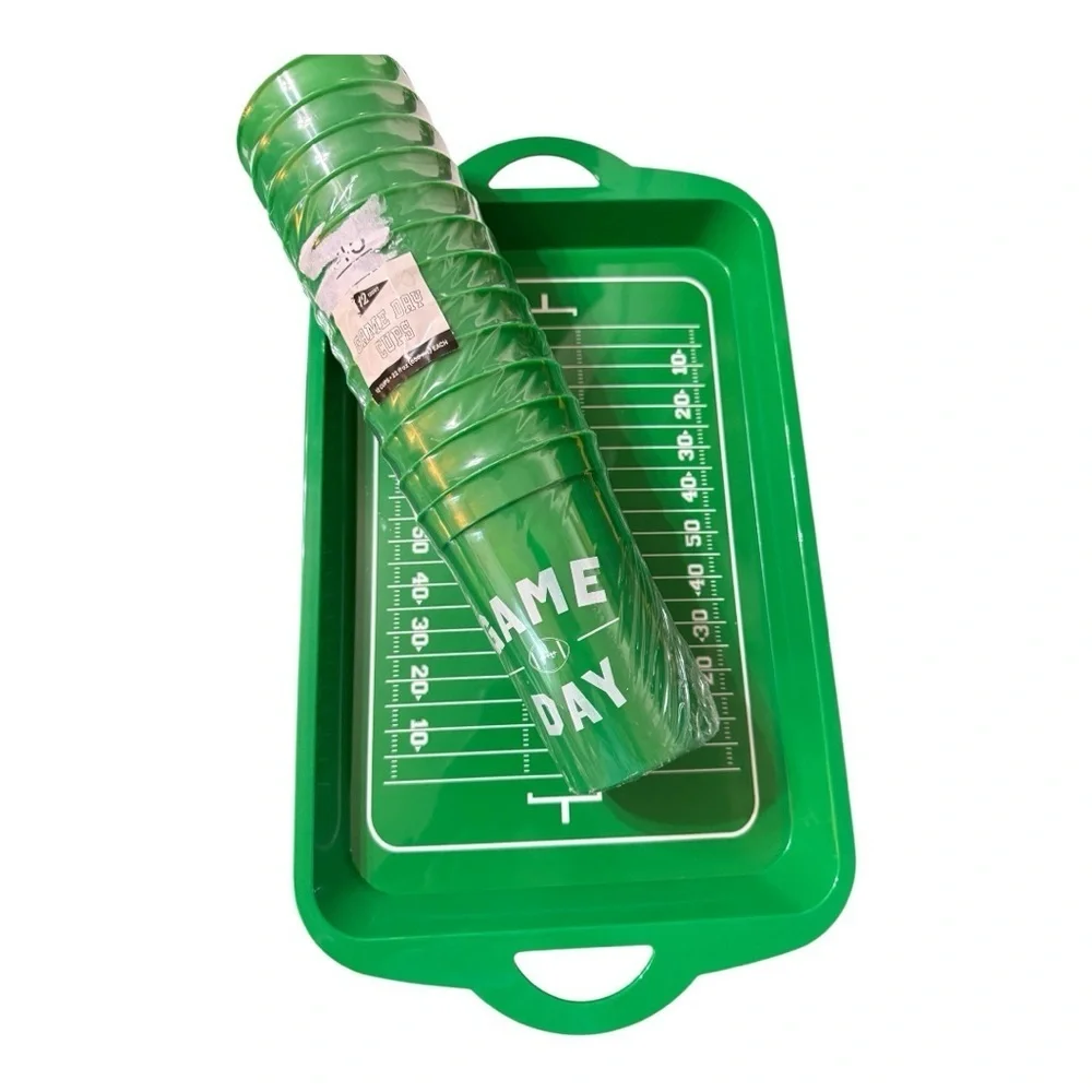 Football Game Day Party Set – 2 Green Field Trays & 12 “Game Day” Cups